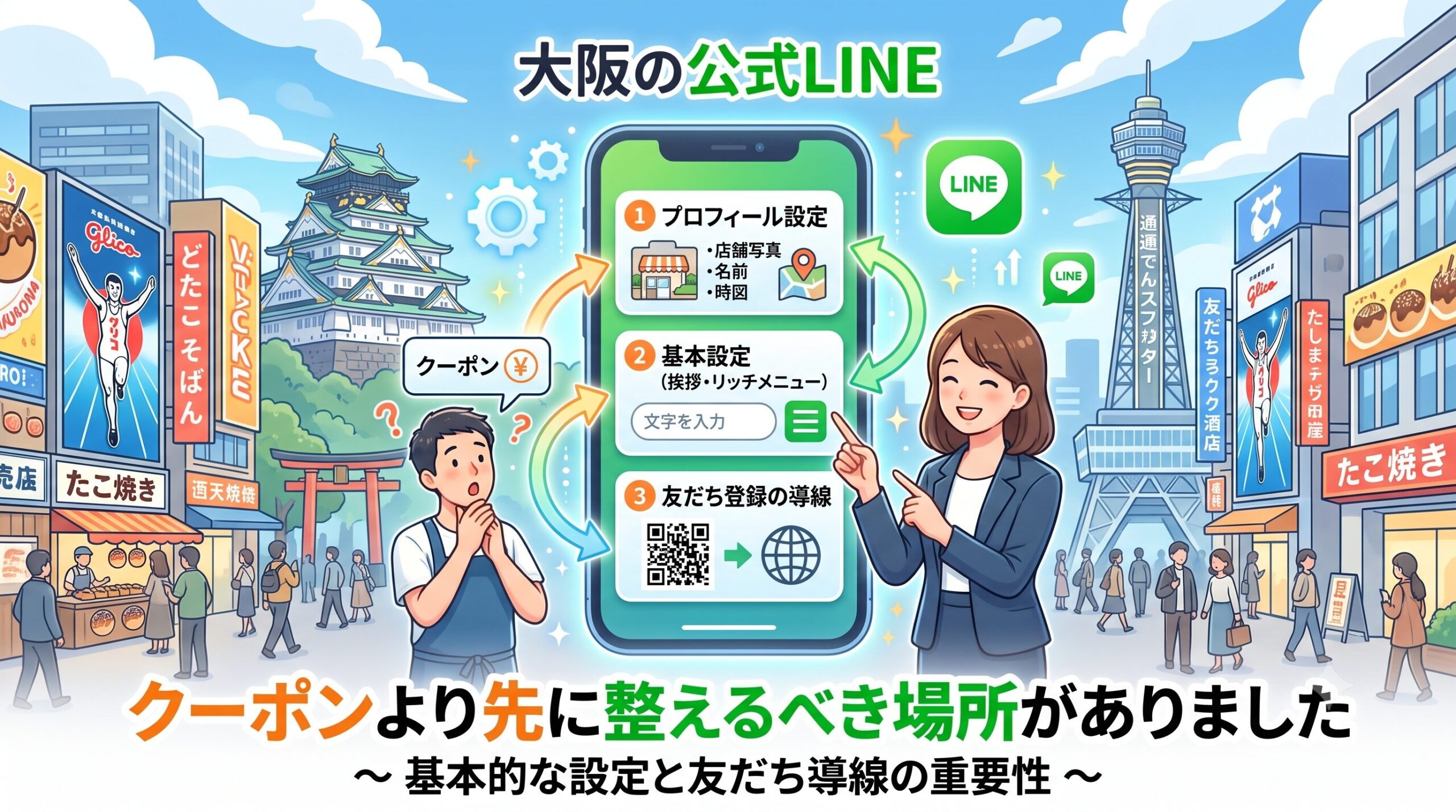 大阪の街並みを背景に、公式LINEのクーポン配信よりも優先すべき、リッチメニューやプロフィール設定などの土台構築を重要視する様子を図解したイラスト