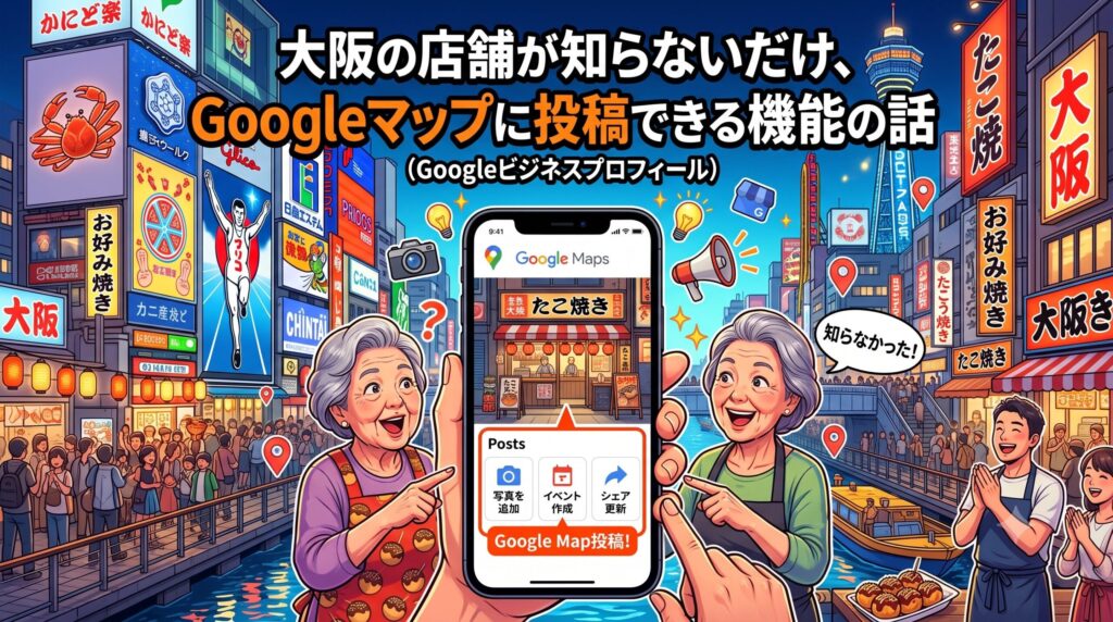 Googleビジネスプロフィールの投稿機能をスマートフォンで表示し、「知らなかった！」と驚く大阪の店舗関係者を描いたイラスト