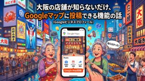 Googleビジネスプロフィールの投稿機能をスマートフォンで表示し、「知らなかった！」と驚く大阪の店舗関係者を描いたイラスト