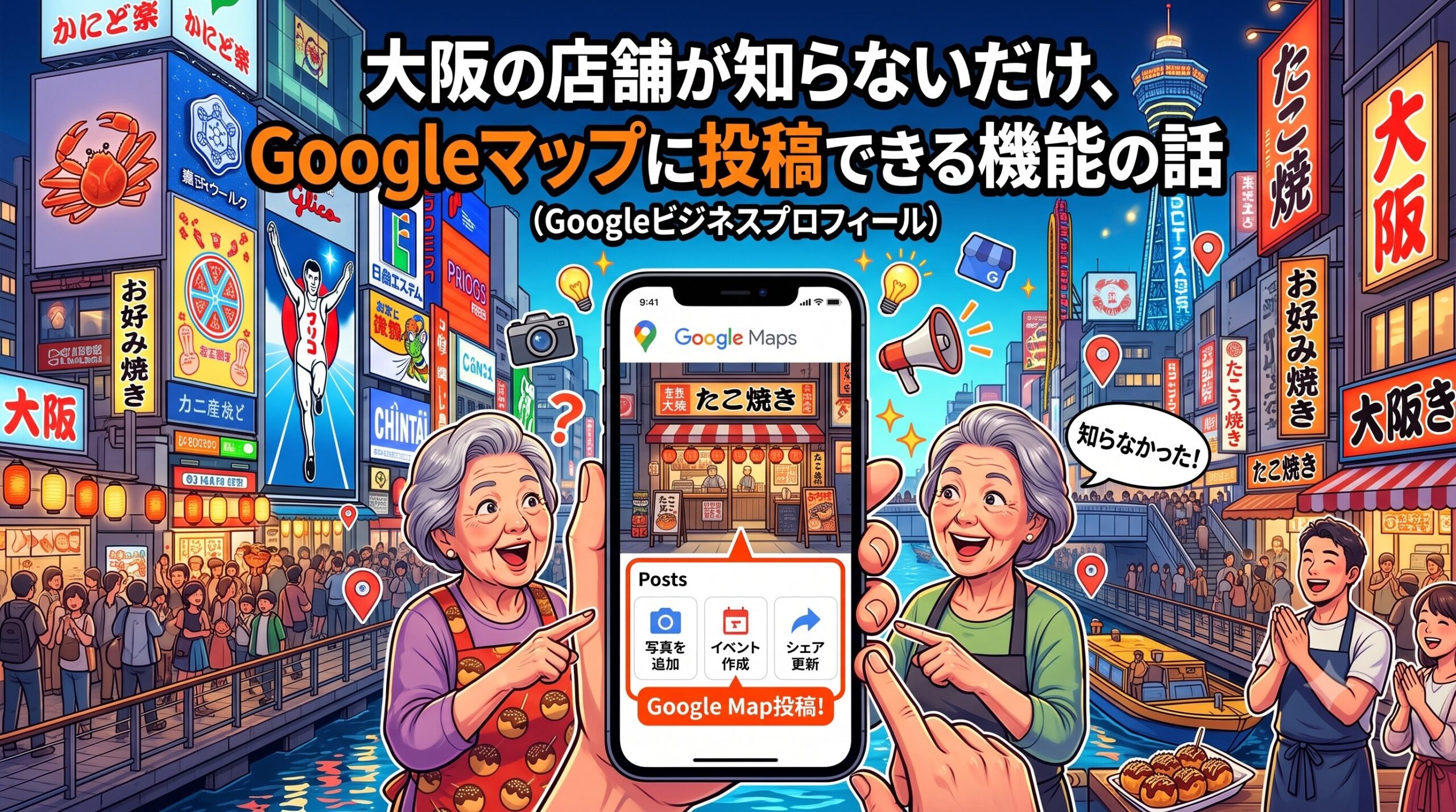 Googleビジネスプロフィールの投稿機能をスマートフォンで表示し、「知らなかった！」と驚く大阪の店舗関係者を描いたイラスト