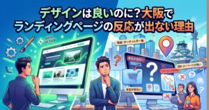 美しいデザインのランディングページを見るデザイナーと、困惑した男性が大阪の街並みを背景に、反応が出ない理由が示されたモニターを見る姿を描いたイラスト