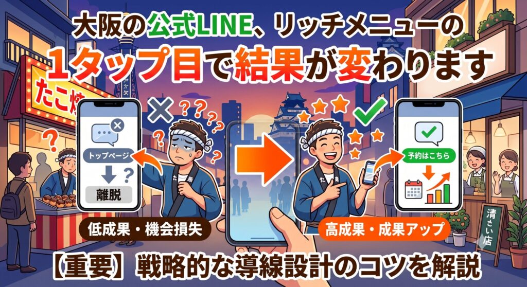 「大阪の公式LINE、リッチメニューの1タップ目で結果が変わります」というテキストと、ユーザーが離脱してしまう悪いリッチメニューと、予約に繋がる良いリッチメニューの成果の違いを対比した大阪の店主のイラスト