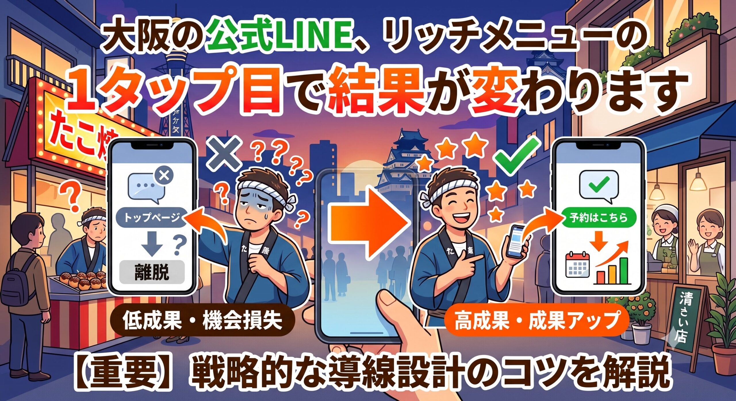 「大阪の公式LINE、リッチメニューの1タップ目で結果が変わります」というテキストと、ユーザーが離脱してしまう悪いリッチメニューと、予約に繋がる良いリッチメニューの成果の違いを対比した大阪の店主のイラスト