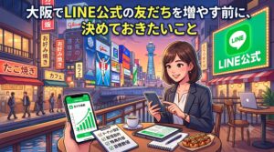 大阪の風景を背景に、LINE公式アカウントの友だち増加を示すスマホ画面と、ターゲット設定などの事前チェックリストを確認するビジネスウーマンのイラスト
