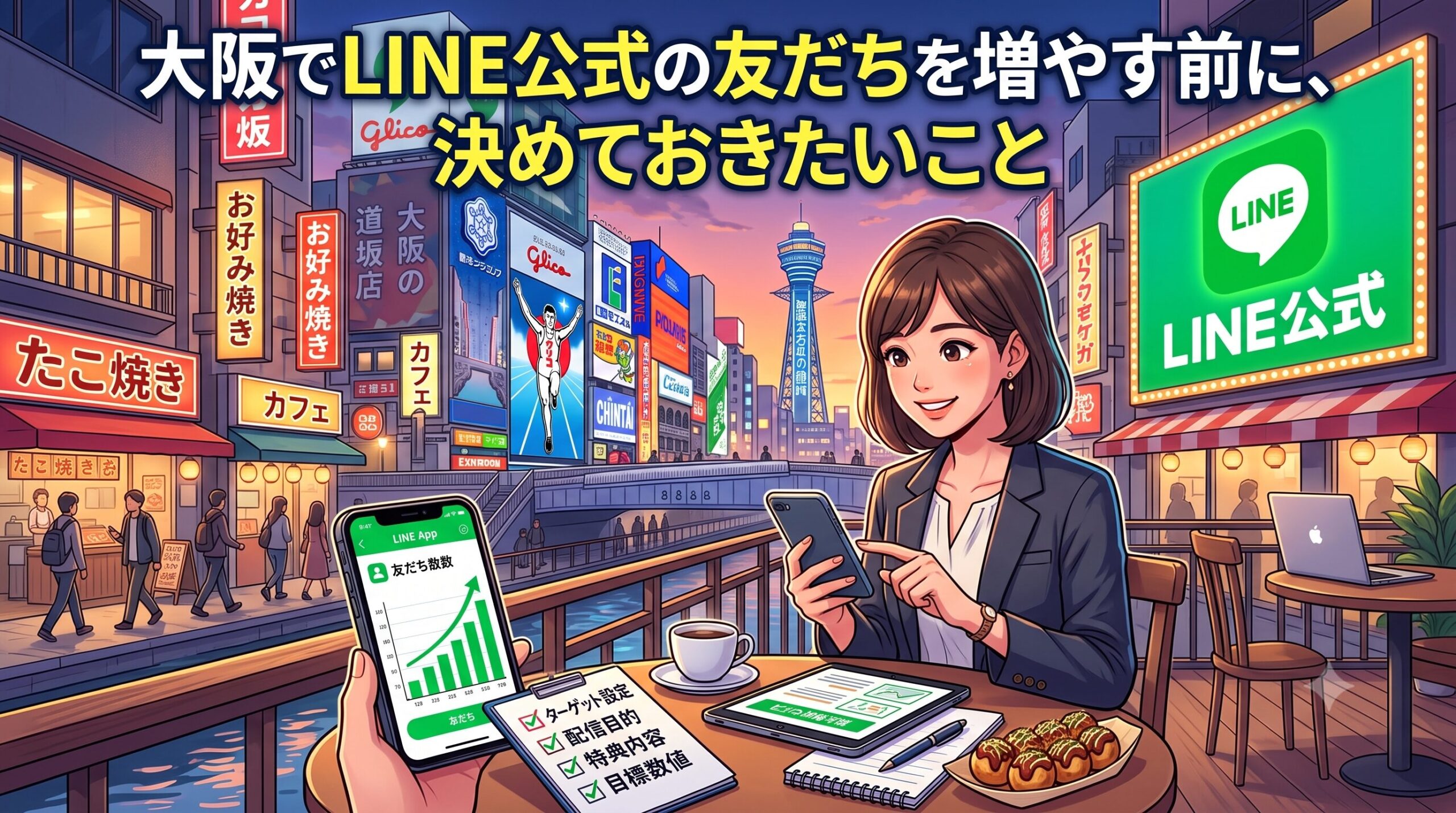 大阪の風景を背景に、LINE公式アカウントの友だち増加を示すスマホ画面と、ターゲット設定などの事前チェックリストを確認するビジネスウーマンのイラスト