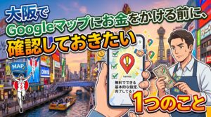 「大阪でGoogleマップにお金をかける前に、確認しておきたい1つのこと」というテキストと、お金を握りしめて悩む大阪の店主、「無料でできる基本的な設定、完了してる？」と表示されたスマホ画面を描いたイラスト