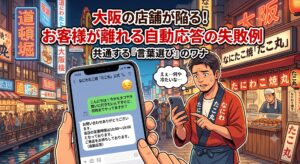 公式LINEの事務的な自動応答メッセージを見て「冷たいな」と焦る大阪のたこ焼き店主を描いた、言葉選びの失敗例を示すアイキャッチ画像