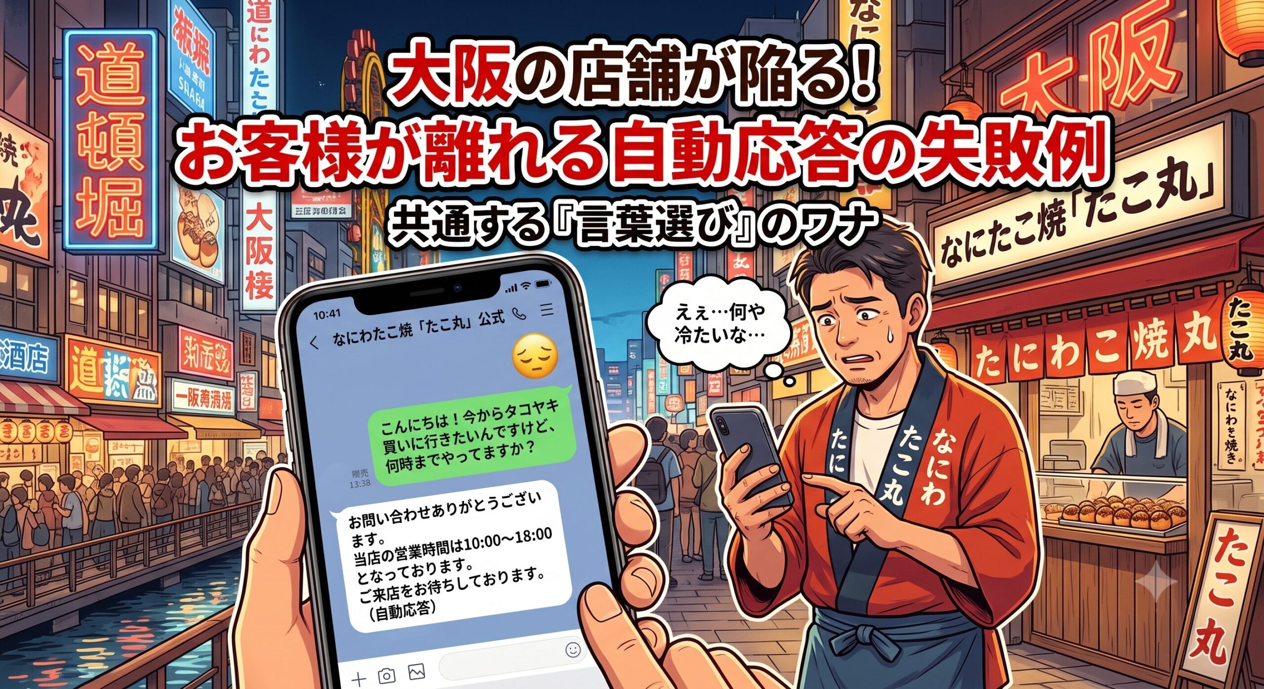 公式LINEの事務的な自動応答メッセージを見て「冷たいな」と焦る大阪のたこ焼き店主を描いた、言葉選びの失敗例を示すアイキャッチ画像