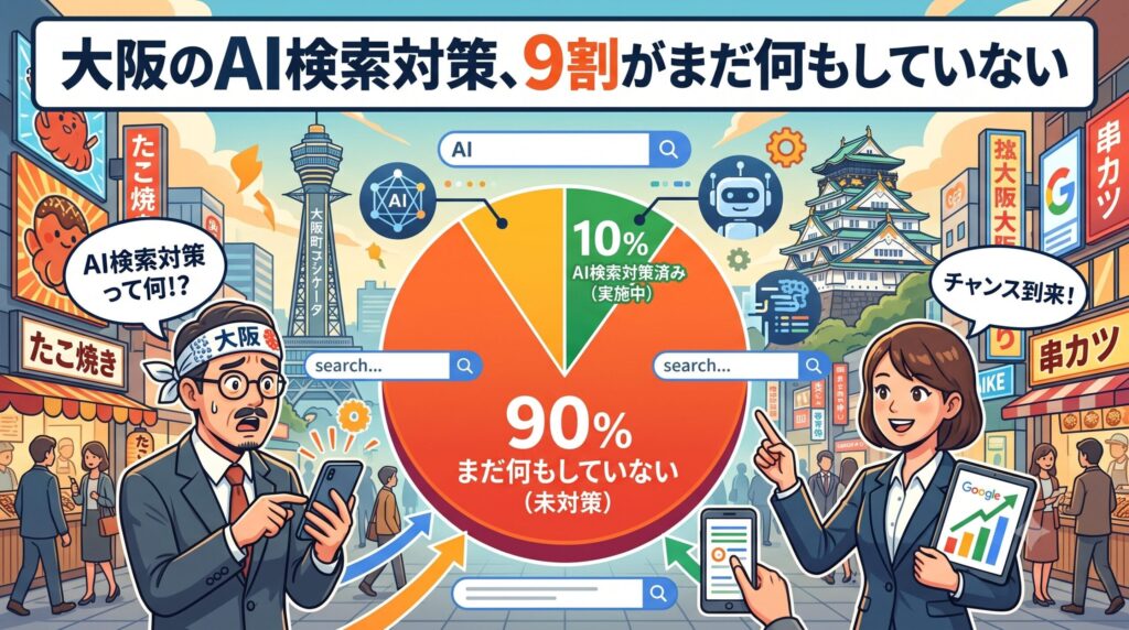 大阪のAI検索対策で9割が未対策であることを示す円グラフと、焦る男性・チャンスと捉える女性を描いた図解イラスト