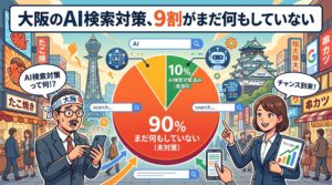 大阪のAI検索対策で9割が未対策であることを示す円グラフと、焦る男性・チャンスと捉える女性を描いた図解イラスト