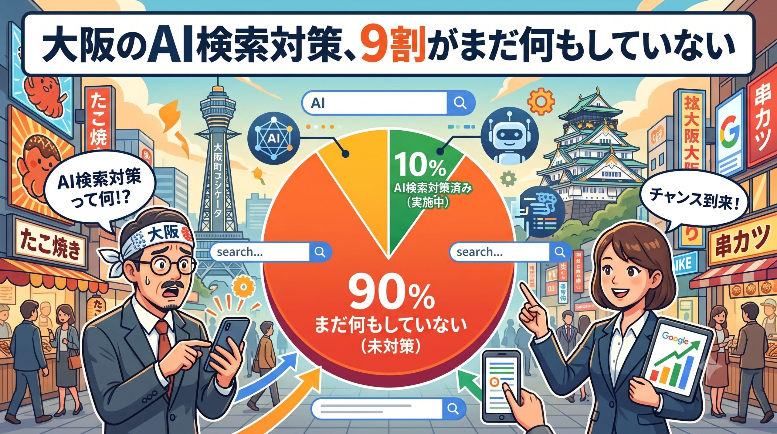 大阪のAI検索対策で9割が未対策であることを示す円グラフと、焦る男性・チャンスと捉える女性を描いた図解イラスト