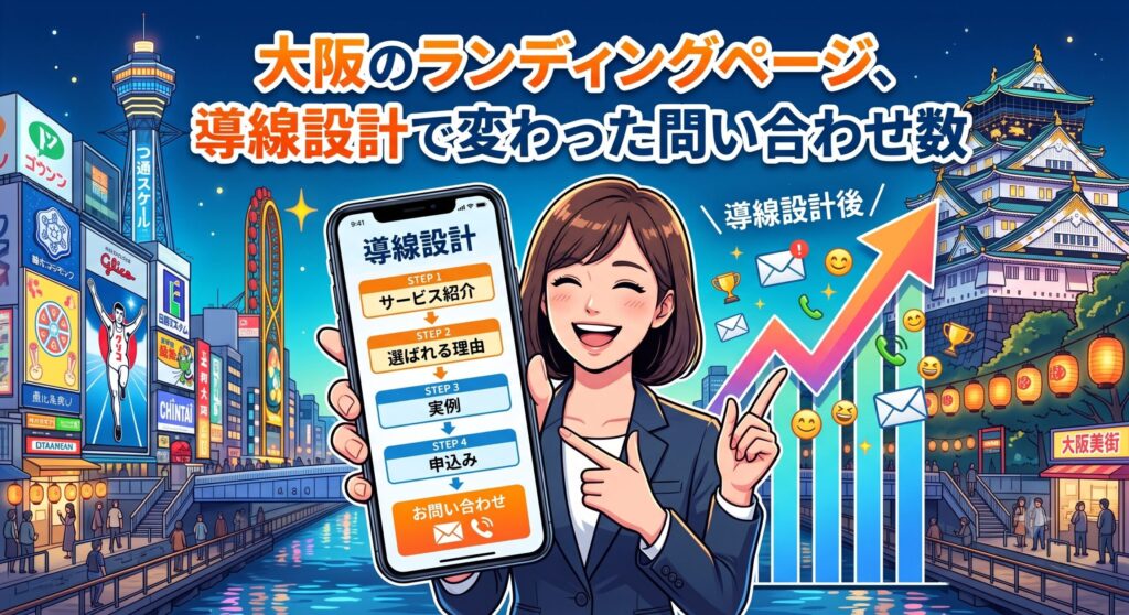 スマートフォンでランディングページの導線設計を示す笑顔の女性と、問い合わせ増加を表す上昇グラフ、大阪の街並みのイラスト