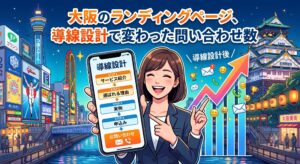 スマートフォンでランディングページの導線設計を示す笑顔の女性と、問い合わせ増加を表す上昇グラフ、大阪の街並みのイラスト