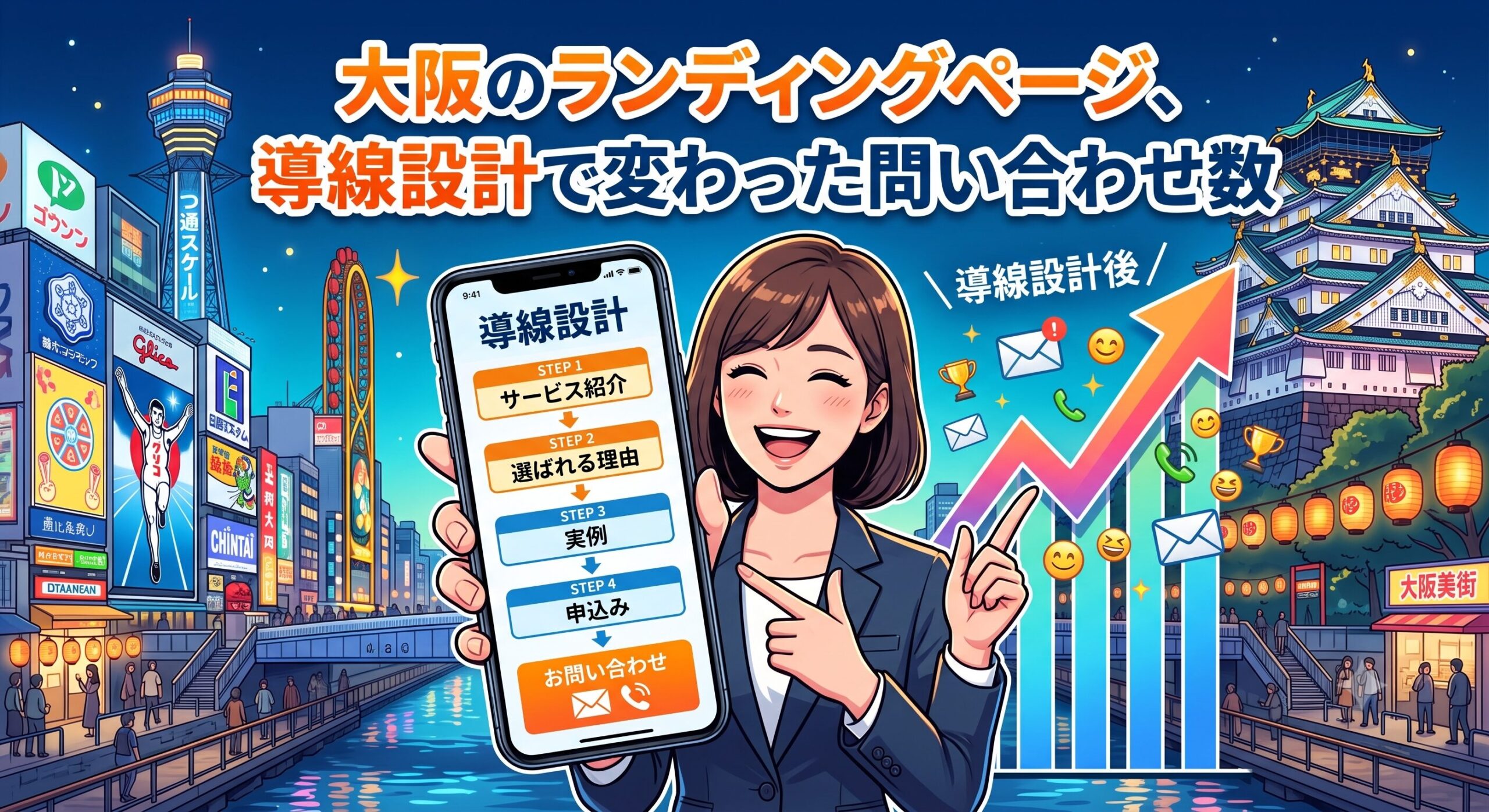 スマートフォンでランディングページの導線設計を示す笑顔の女性と、問い合わせ増加を表す上昇グラフ、大阪の街並みのイラスト