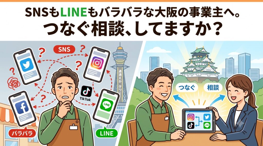 「SNSもLINEもバラバラな大阪の事業主へ。つなぐ相談、してますか?」というテキストが入った、大阪の事業主向けのSNS・LINE統合管理相談を促すアイキャッチイラスト。左側には通天閣を背景にバラバラなスマホ（Twitter/X, Instagram, Facebook, TikTok, LINE）に囲まれて困惑する男性が描かれ、右側には大阪城を背景に笑顔の男性が女性コンサルタントと相談し、タブレットで統合されたダッシュボードを確認している様子が描かれている。