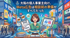大阪の街並みを背景に、Meta広告の事前準備チェックリストと管理画面を持つ女性事業主を描いたアイキャッチ画像