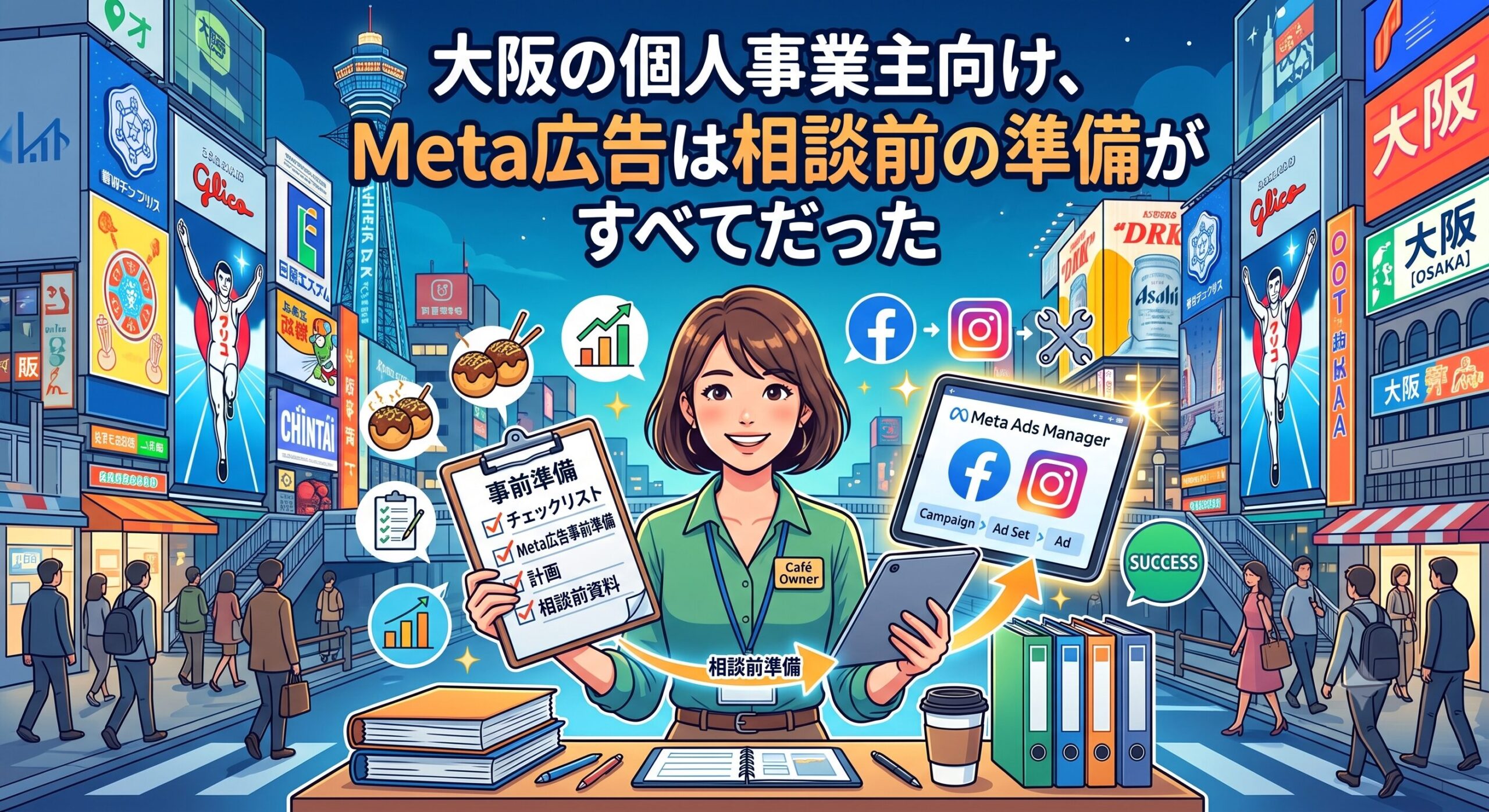 大阪の街並みを背景に、Meta広告の事前準備チェックリストと管理画面を持つ女性事業主を描いたアイキャッチ画像