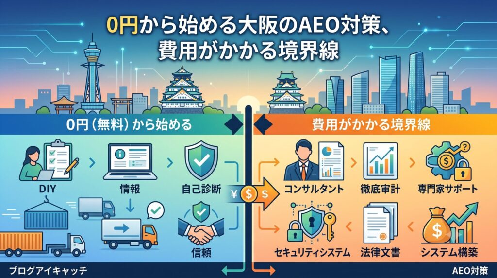 「0円から始める大阪のAEO対策、費用がかかる境界線」というテキストと、大阪の街並みを背景に、自力で行う無料の範囲（DIY、情報収集、自己診断）と、費用が発生する有料の範囲（コンサルタント、徹底家計・監査、専門家サポート、システム構築）を中央の境界線で分かりやすく対比した図解イラスト