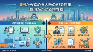 「0円から始める大阪のAEO対策、費用がかかる境界線」というテキストと、大阪の街並みを背景に、自力で行う無料の範囲（DIY、情報収集、自己診断）と、費用が発生する有料の範囲（コンサルタント、徹底家計・監査、専門家サポート、システム構築）を中央の境界線で分かりやすく対比した図解イラスト