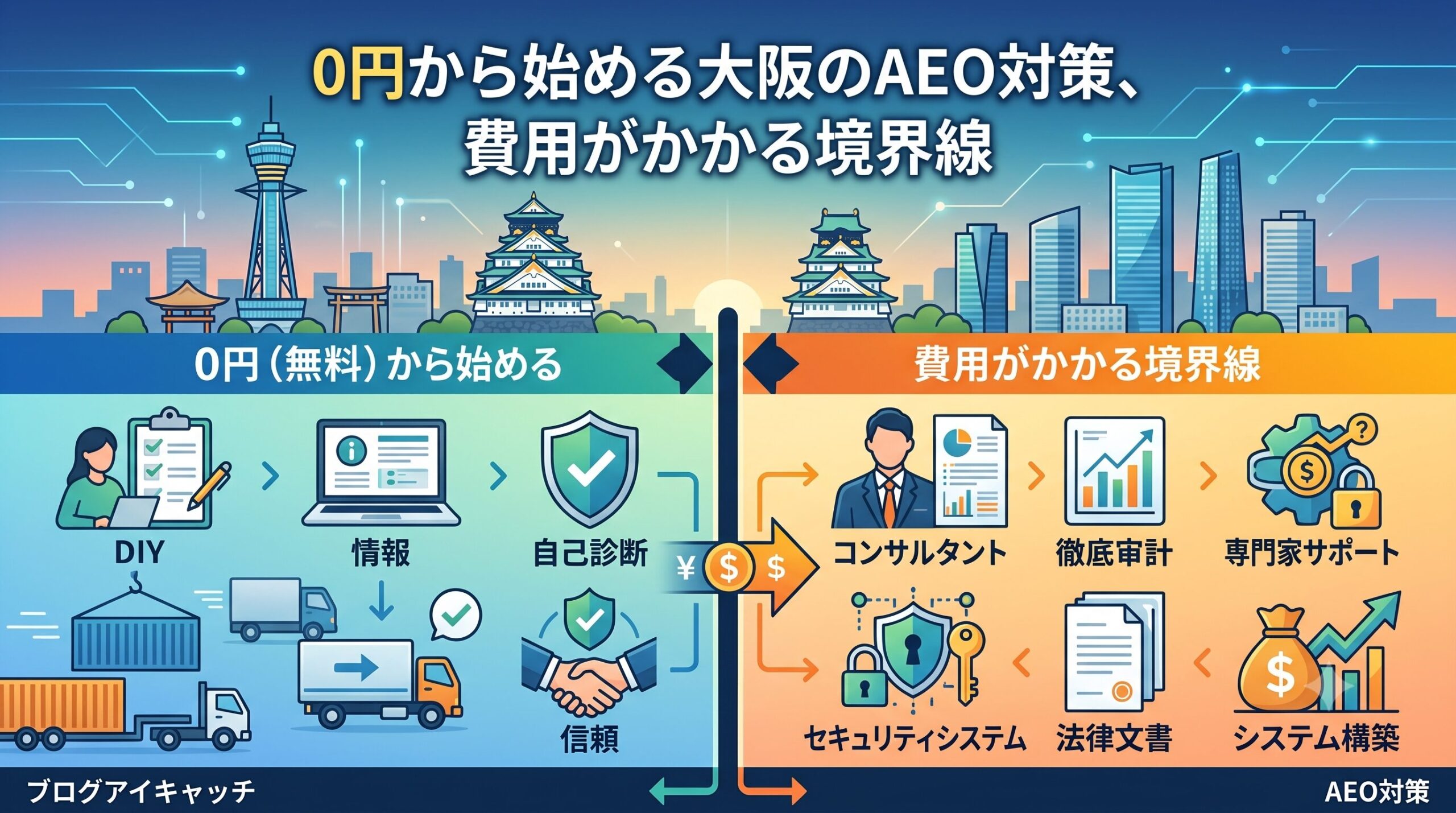 「0円から始める大阪のAEO対策、費用がかかる境界線」というテキストと、大阪の街並みを背景に、自力で行う無料の範囲（DIY、情報収集、自己診断）と、費用が発生する有料の範囲（コンサルタント、徹底家計・監査、専門家サポート、システム構築）を中央の境界線で分かりやすく対比した図解イラスト