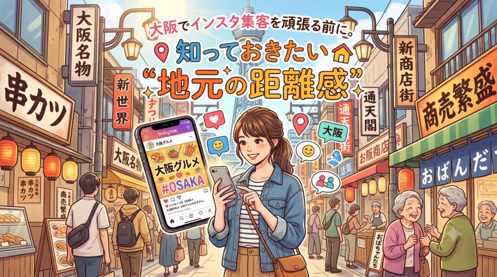 「大阪でインスタ集客を頑張る前に。知っておきたい"地元の距離感"」というブログ記事のアイキャッチ画像。通天閣や串カツ屋が並ぶ活気ある大阪の街並みを背景に、笑顔でスマートフォンを操作する女性が描かれている。画面には「大阪グルメ」のSNS投稿が映し出され、周囲で地元の人々が親しげに交流する様子から大阪特有の距離感を表現している。