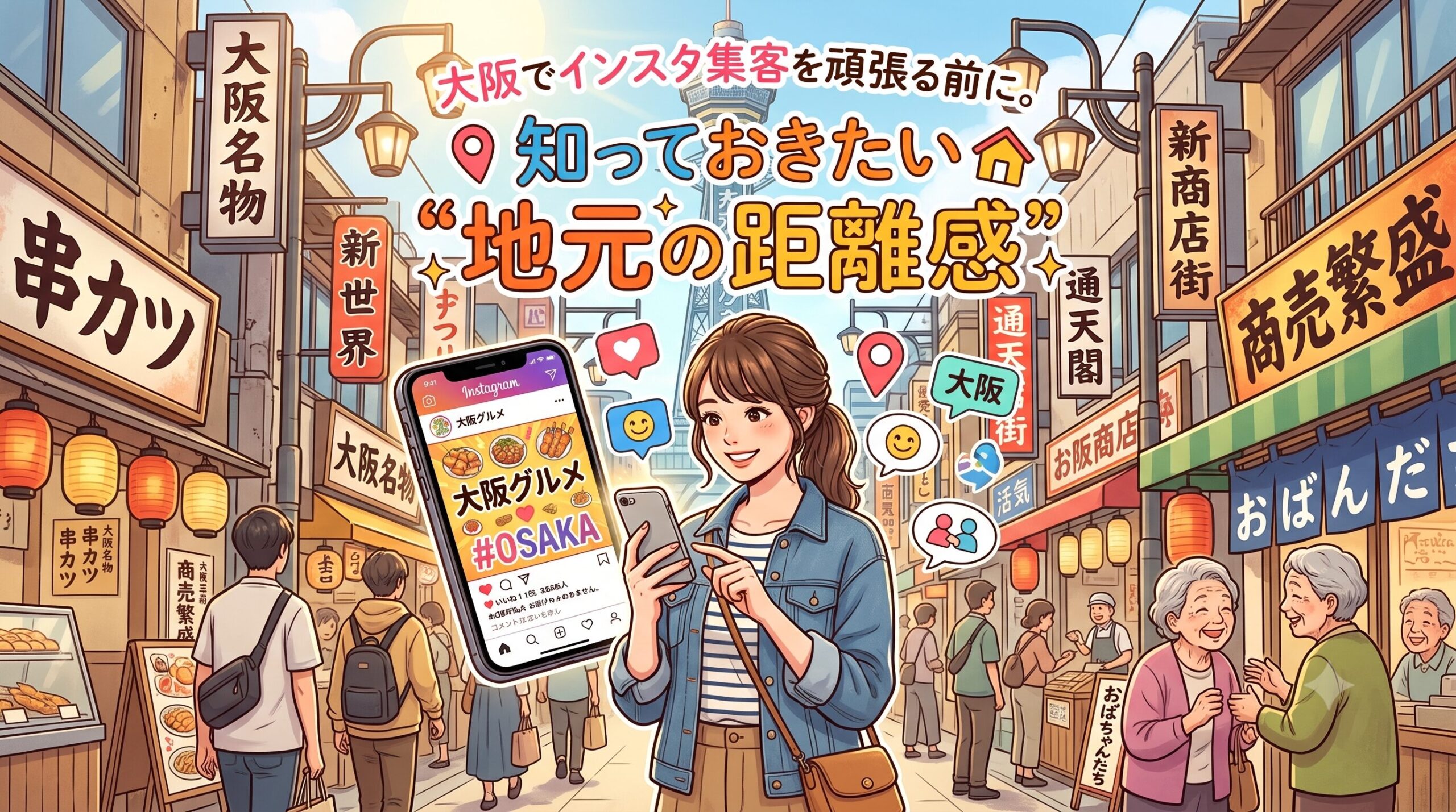 「大阪でインスタ集客を頑張る前に。知っておきたい"地元の距離感"」というブログ記事のアイキャッチ画像。通天閣や串カツ屋が並ぶ活気ある大阪の街並みを背景に、笑顔でスマートフォンを操作する女性が描かれている。画面には「大阪グルメ」のSNS投稿が映し出され、周囲で地元の人々が親しげに交流する様子から大阪特有の距離感を表現している。