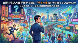 大阪の街を背景に、目先の「今すぐ客」を追う状態と、マーケティングファネルを用いて見込み客を育成する長期戦略の違いを対比したイラスト