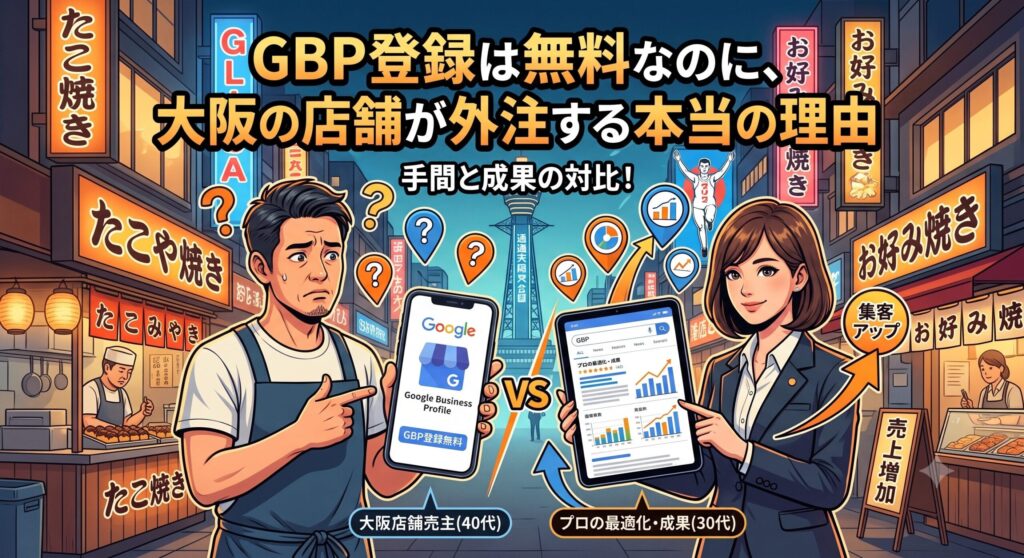 「GBP登録は無料なのに、大阪の店舗が外注する本当の理由」というテキスト。困り顔で「GBP登録無料」のスマホを持つ店主と、笑顔で「成果」を示すタブレットを持つプロの対比イラスト。背景は大阪の通天閣や看板。