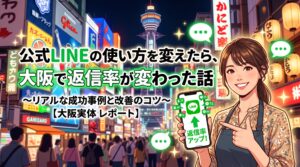 大阪の繁華街を背景に、公式LINEの返信率アップを示すスマートフォンを持つ女性のイラスト。「公式LINEの使い方を変えたら、大阪で返信率が変わった話」のタイトル文字入り。
