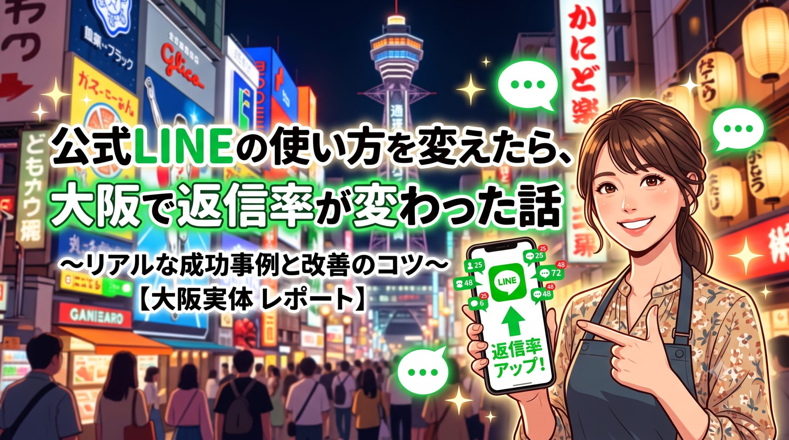 大阪の繁華街を背景に、公式LINEの返信率アップを示すスマートフォンを持つ女性のイラスト。「公式LINEの使い方を変えたら、大阪で返信率が変わった話」のタイトル文字入り。