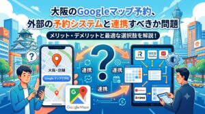 大阪の風景を背景に、Googleマップ予約と外部の予約システム連携の仕組みを図解したアイキャッチ画像