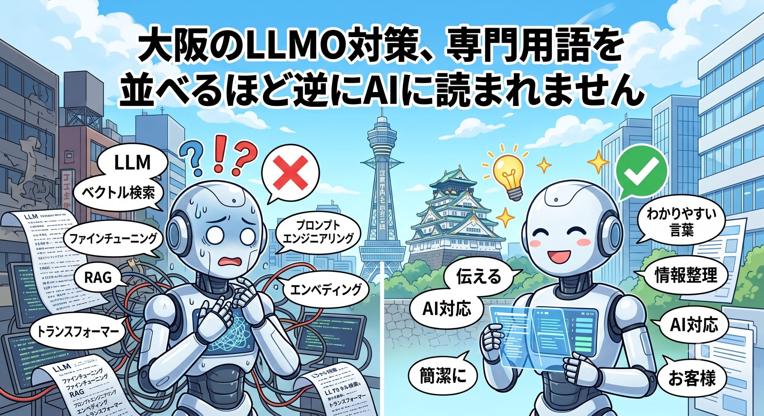 「大阪のLLMO対策、専門用語を並べるほど逆にAIに読まれません」というテキストと、大阪の風景を背景に、難しい専門用語で混乱しているAIロボットと、シンプルな言葉をスムーズに読み取って笑顔になっているAIロボットを左右で対比させたイラスト
