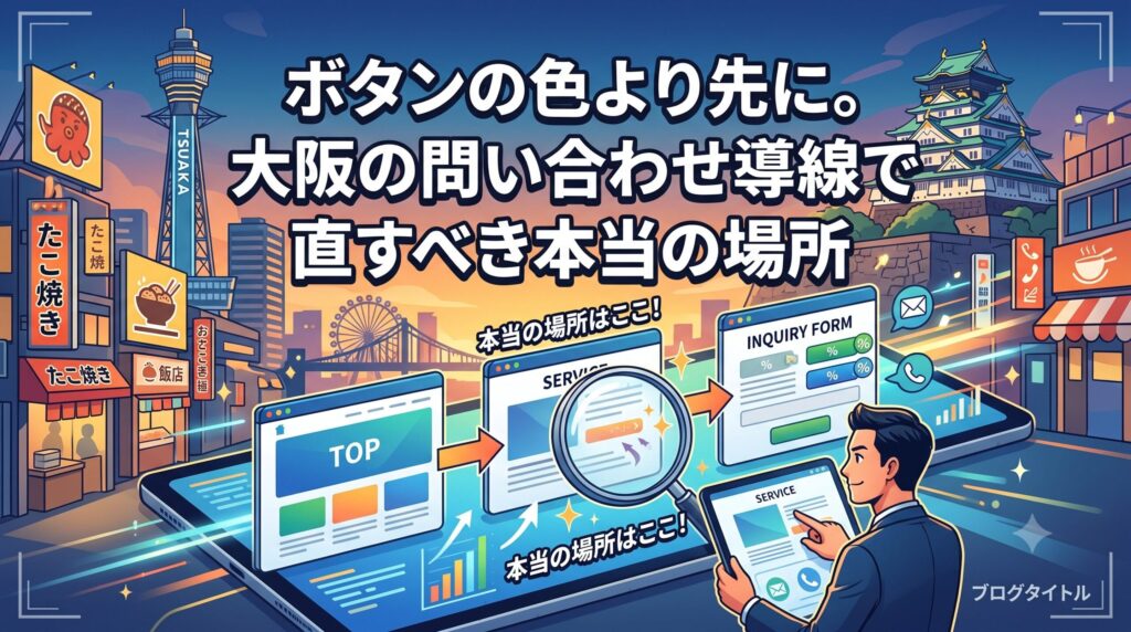 「ボタンの色より先に。大阪の問い合わせ導線で直すべき本当の場所」というテキストと、大阪の街並みを背景にウェブサイトの導線（TOPからサービス、問い合わせへ）を分析し、中間のサービスページを虫眼鏡で強調しているビジネスマンのイラスト
