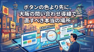 「ボタンの色より先に。大阪の問い合わせ導線で直すべき本当の場所」というテキストと、大阪の街並みを背景にウェブサイトの導線（TOPからサービス、問い合わせへ）を分析し、中間のサービスページを虫眼鏡で強調しているビジネスマンのイラスト