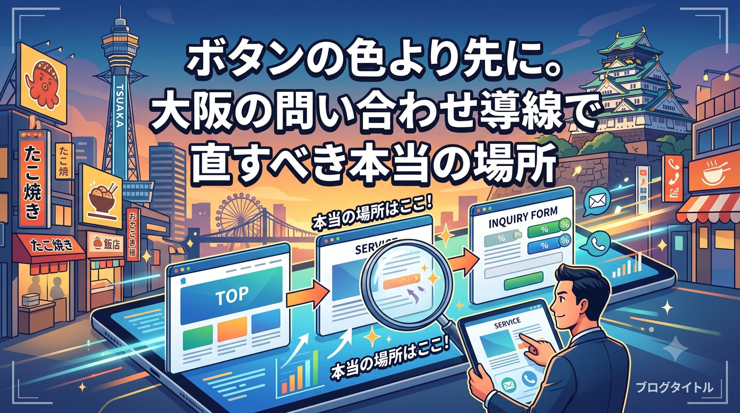 「ボタンの色より先に。大阪の問い合わせ導線で直すべき本当の場所」というテキストと、大阪の街並みを背景にウェブサイトの導線（TOPからサービス、問い合わせへ）を分析し、中間のサービスページを虫眼鏡で強調しているビジネスマンのイラスト