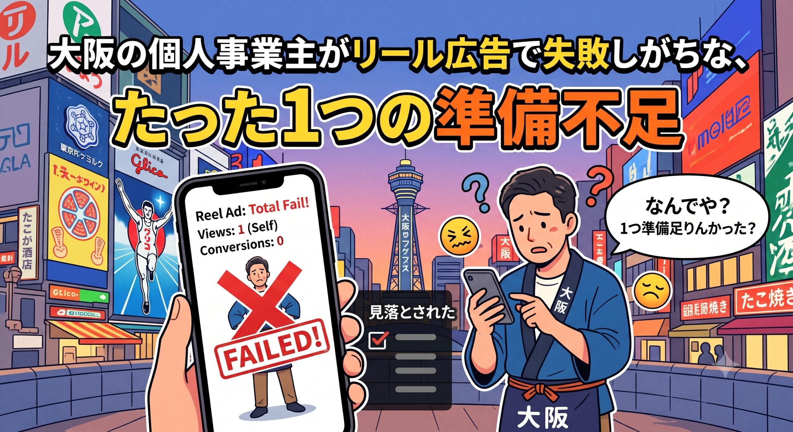 「大阪の個人事業主がリール広告で失敗しがちな、たった1つの準備不足」というテキストと、リール広告の失敗画面を見て「なんでや？」と困惑する大阪の個人事業主のイラスト