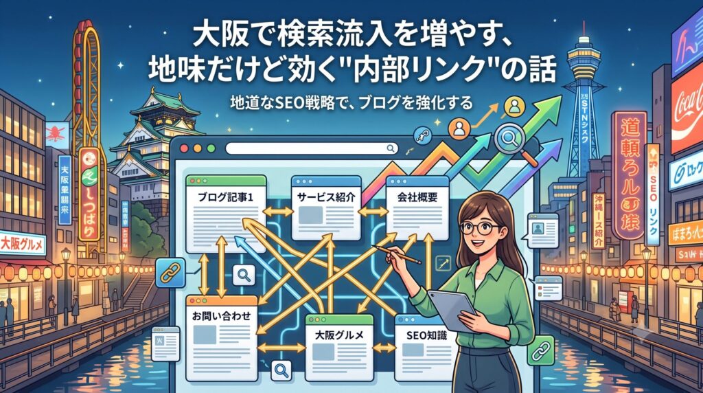 「大阪で検索流入を増やす、地味だけど効く'内部リンク'の話」というブログ記事用のアイキャッチ画像です。眼鏡をかけ、タブレットとペンを持ったイラストの女性が、大型モニターに表示された interconnected ウェブアーキテクチャ図（「ブログ記事1」「サービス紹介」「会社概要」「お問い合わせ」「大阪グルメ」「SEO知識」などのページ名と矢印で構成）を指しています。背景には、大阪の街並み（通天閣、グリコ風の走る人サイン、夜のネオン街）が描かれ、上向きのグラフやユーザーアイコン、虫眼鏡などのSEOに関連するアイコンが飛んでいます。現代的なベクトルイラストレーションスタイル。
