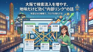 「大阪で検索流入を増やす、地味だけど効く'内部リンク'の話」というブログ記事用のアイキャッチ画像です。眼鏡をかけ、タブレットとペンを持ったイラストの女性が、大型モニターに表示された interconnected ウェブアーキテクチャ図（「ブログ記事1」「サービス紹介」「会社概要」「お問い合わせ」「大阪グルメ」「SEO知識」などのページ名と矢印で構成）を指しています。背景には、大阪の街並み（通天閣、グリコ風の走る人サイン、夜のネオン街）が描かれ、上向きのグラフやユーザーアイコン、虫眼鏡などのSEOに関連するアイコンが飛んでいます。現代的なベクトルイラストレーションスタイル。