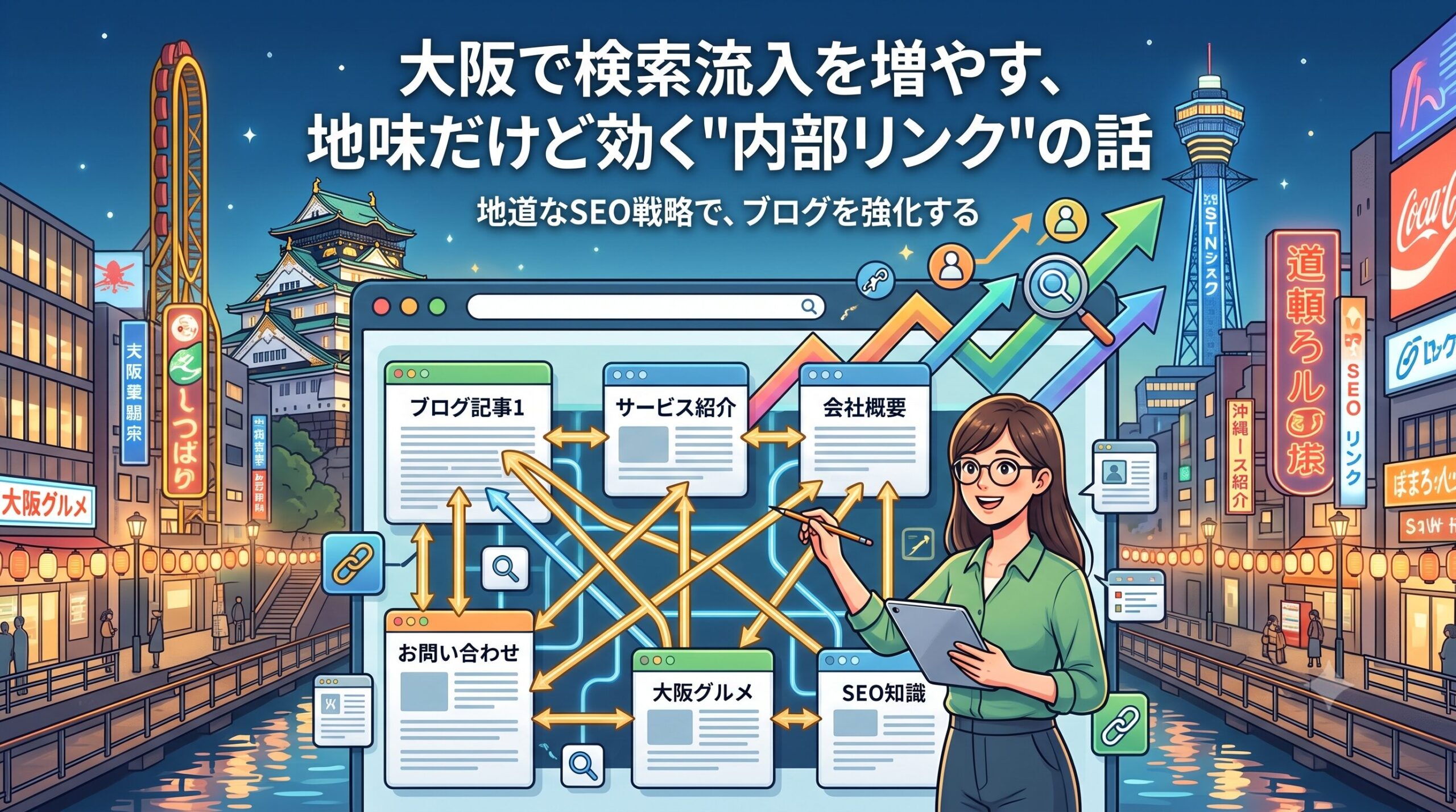 「大阪で検索流入を増やす、地味だけど効く'内部リンク'の話」というブログ記事用のアイキャッチ画像です。眼鏡をかけ、タブレットとペンを持ったイラストの女性が、大型モニターに表示された interconnected ウェブアーキテクチャ図（「ブログ記事1」「サービス紹介」「会社概要」「お問い合わせ」「大阪グルメ」「SEO知識」などのページ名と矢印で構成）を指しています。背景には、大阪の街並み（通天閣、グリコ風の走る人サイン、夜のネオン街）が描かれ、上向きのグラフやユーザーアイコン、虫眼鏡などのSEOに関連するアイコンが飛んでいます。現代的なベクトルイラストレーションスタイル。