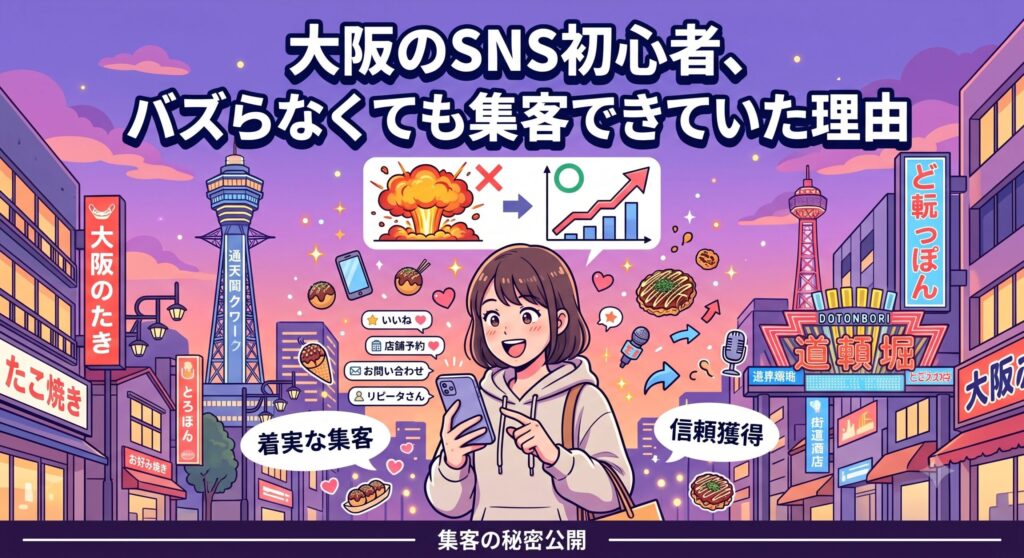 「大阪のSNS初心者、バズらなくても集客できていた理由」というテキストと、通天閣や道頓堀など大阪の街並みを背景にスマホを見て笑顔になる女性のイラスト。一過性のバズりではなく、右肩上がりの着実な集客を示すグラフが描かれている。