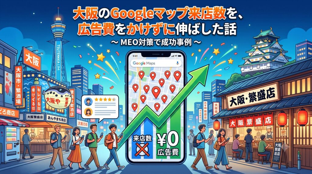 大阪の街並みを背景に、スマートフォンのGoogleマップ画面と右肩上がりのグラフで、広告費0円での集客成功を図解したアイキャッチ画像