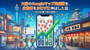 大阪の街並みを背景に、スマートフォンのGoogleマップ画面と右肩上がりのグラフで、広告費0円での集客成功を図解したアイキャッチ画像