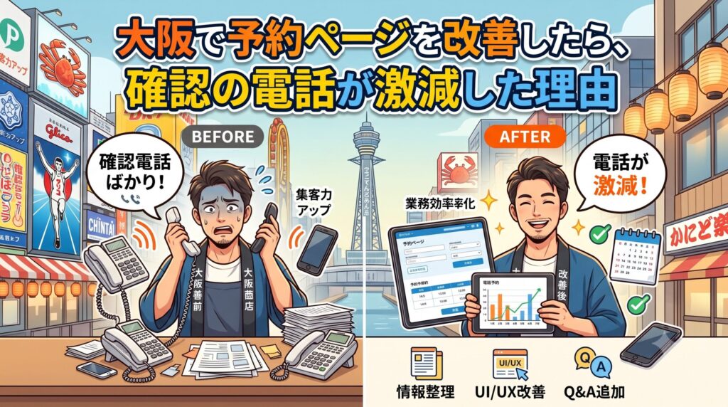 大阪の街並み（通天閣、デフォルメされたグリコとかに道楽の看板）を背景に、法被を着た店主が予約ページ改善のビフォーアフターを比較しているイラスト。「BEFORE」では疲弊した店主が多数の電話に囲まれて「確認電話ばかり！」と叫び、「AFTER」では笑顔の店主がタブレットを使いこなして「電話が激減！」と満足している。下部には「情報整理」「UI/UX改善」「Q&A追加」という改善項目がアイコンと共に示されている。