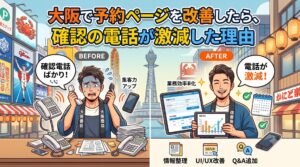 大阪の街並み（通天閣、デフォルメされたグリコとかに道楽の看板）を背景に、法被を着た店主が予約ページ改善のビフォーアフターを比較しているイラスト。「BEFORE」では疲弊した店主が多数の電話に囲まれて「確認電話ばかり！」と叫び、「AFTER」では笑顔の店主がタブレットを使いこなして「電話が激減！」と満足している。下部には「情報整理」「UI/UX改善」「Q&A追加」という改善項目がアイコンと共に示されている。