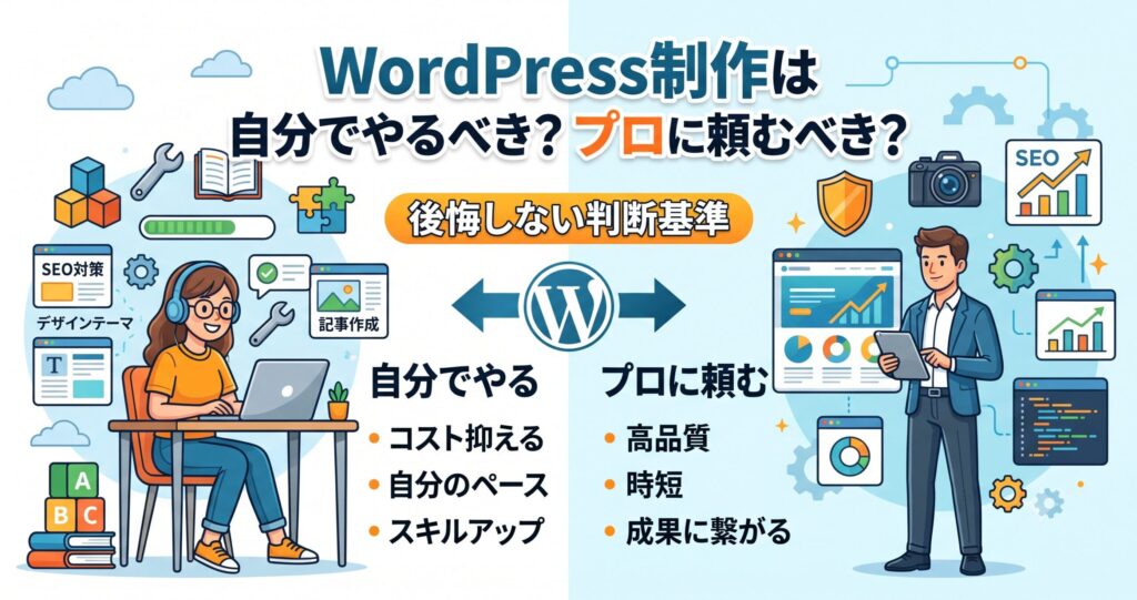 WordPress制作を自分でやる場合（コスト抑制・スキルアップ等）と、プロに頼む場合（高品質・時短等）の判断基準を比較した図解アイキャッチ