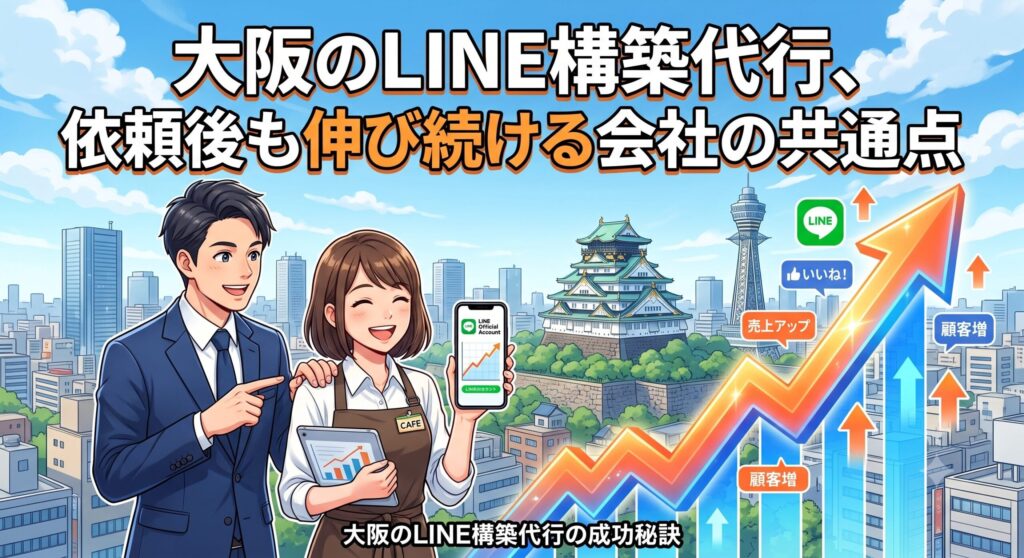 「大阪のLINE構築代行、依頼後も伸び続ける会社の共通点」の文字と、大阪の街並みを背景に、LINE公式アカウントを通じて売上と顧客を右肩上がりに伸ばし、笑顔で並ぶ専門家と店舗経営者のイラスト
