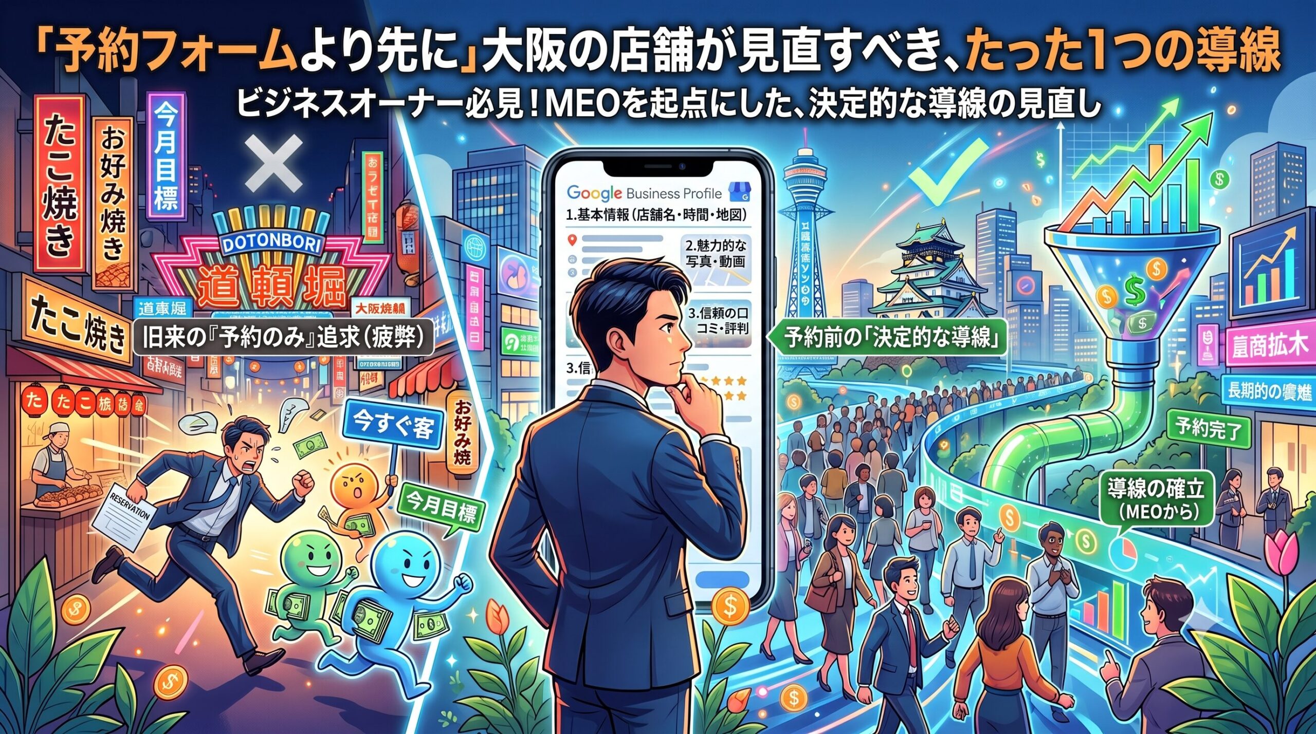 大阪の街並みを背景に、店舗の予約フォームに至る前の重要な顧客導線（SNSやGoogleマップなどからの経路）を見直す様子を図解したイラスト