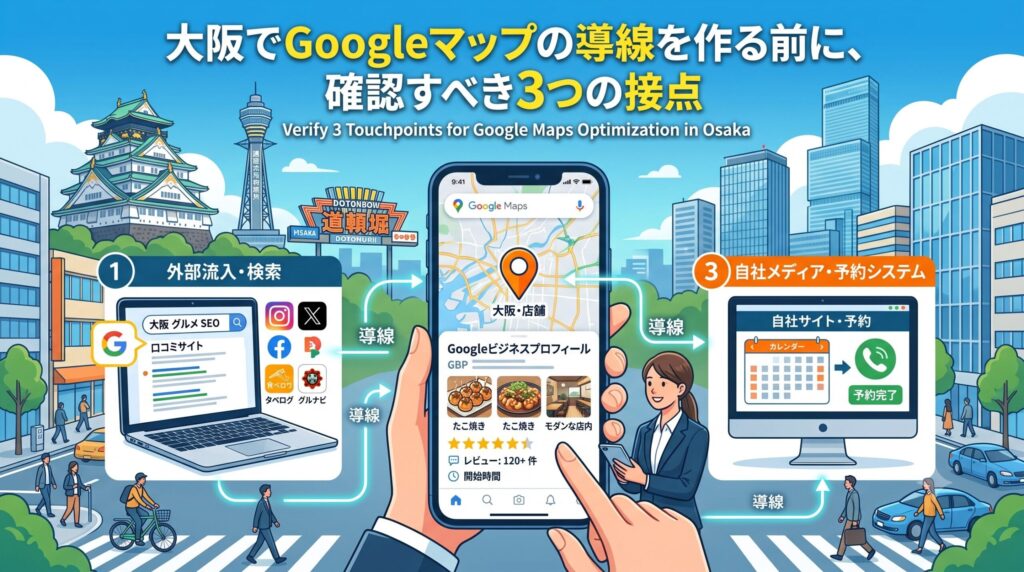 大阪の街並みを背景に、Googleマップ集客における3つの顧客接点（外部流入、Googleビジネスプロフィール、自社予約システム）の導線を図解したイラスト