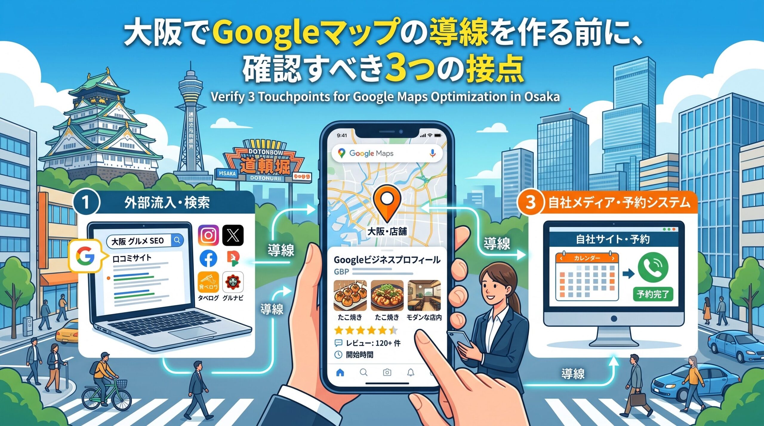 大阪の街並みを背景に、Googleマップ集客における3つの顧客接点（外部流入、Googleビジネスプロフィール、自社予約システム）の導線を図解したイラスト