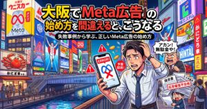 大阪の道頓堀を背景に、Meta広告の運用に失敗して頭を抱える担当者と怒る上司のイラスト。「『大阪でMeta広告』の始め方を間違えると、こうなる」という見出しテキスト。
